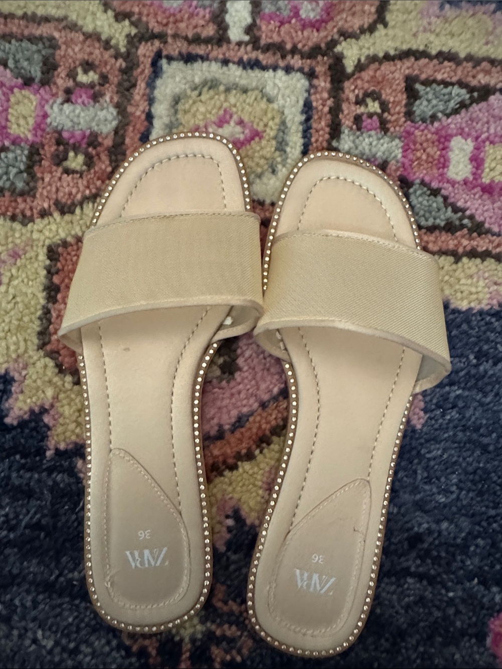 Zara Tan Slide Sandals with Studded Edge - Picture 2 of 4